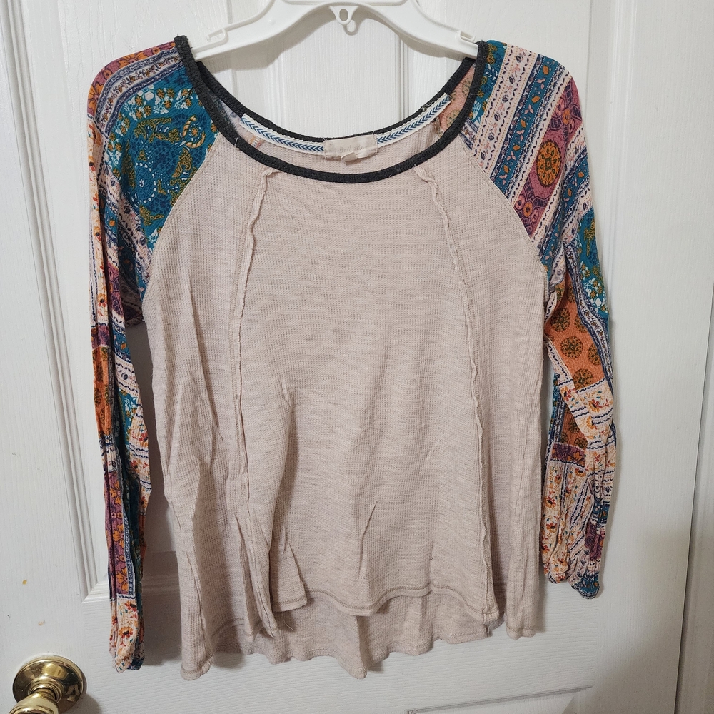 Altar'd State Beige and Multicolor Patchwork Long Sleeve Top